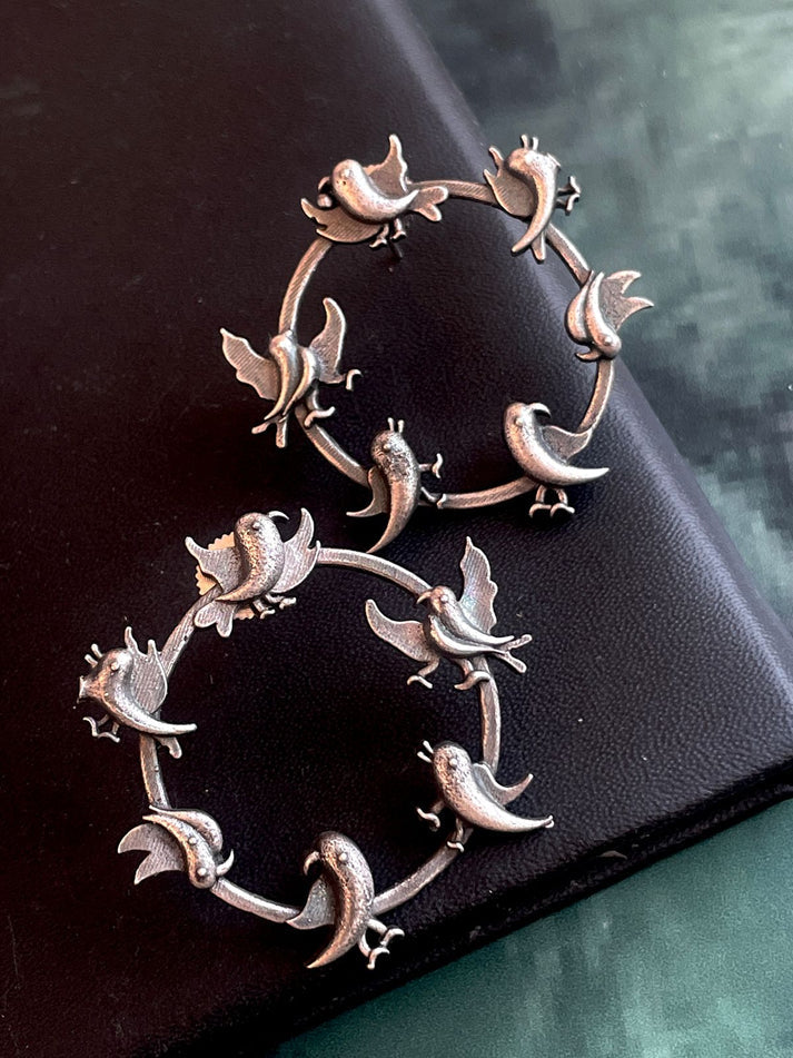 Silver Dancing bird Hoop with Studs Earrings - Bloom - By Sushmita