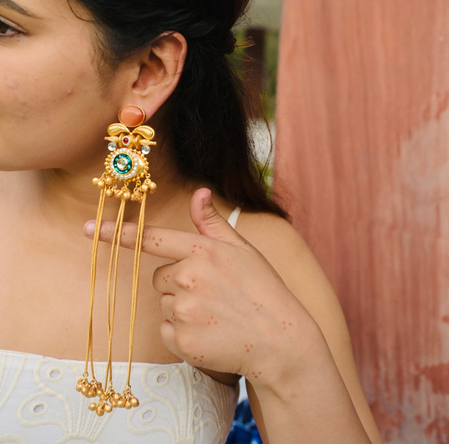 Monalisa Stone Golden Ghungru tassel Jhumka Earring
