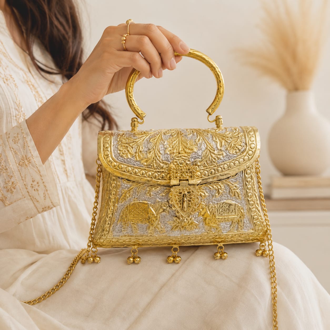 Dual tone Golden bags | Silver purse premium Quality with Sling oxidised German silver Handbags, Wallets & Cases saree kurta Bloom - By Sushmita India Navratri Diwali Ganpati holi Eid