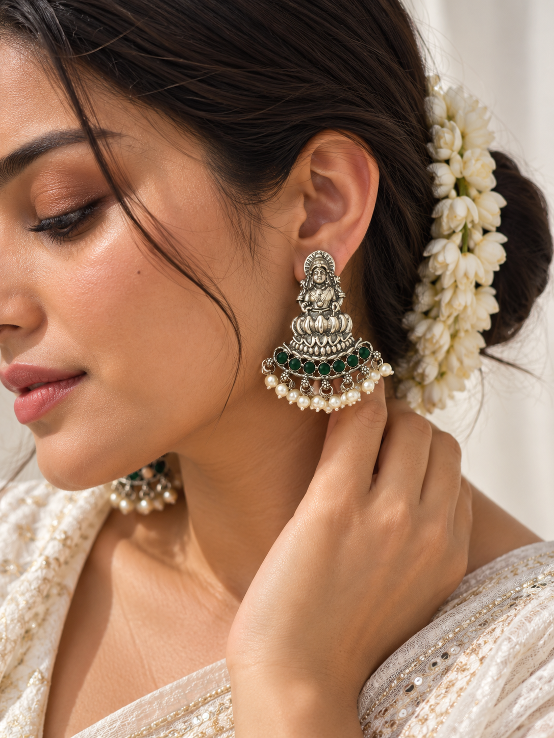 Maha lakshmi Goddess murti on lotus Statement light-weighted Silver Earrings