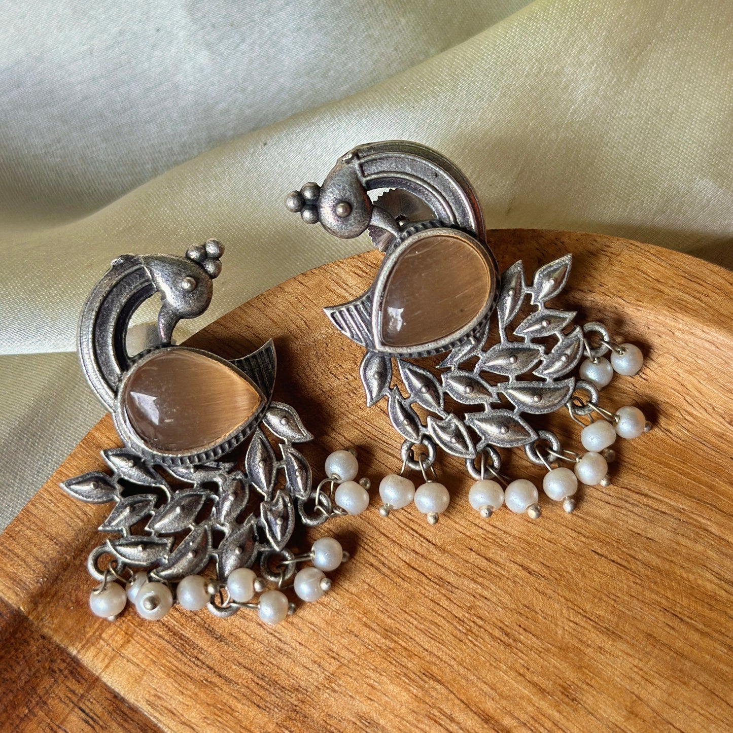 Peacock Monalisa Stone Silver Earrings - Bloom - By Sushmita