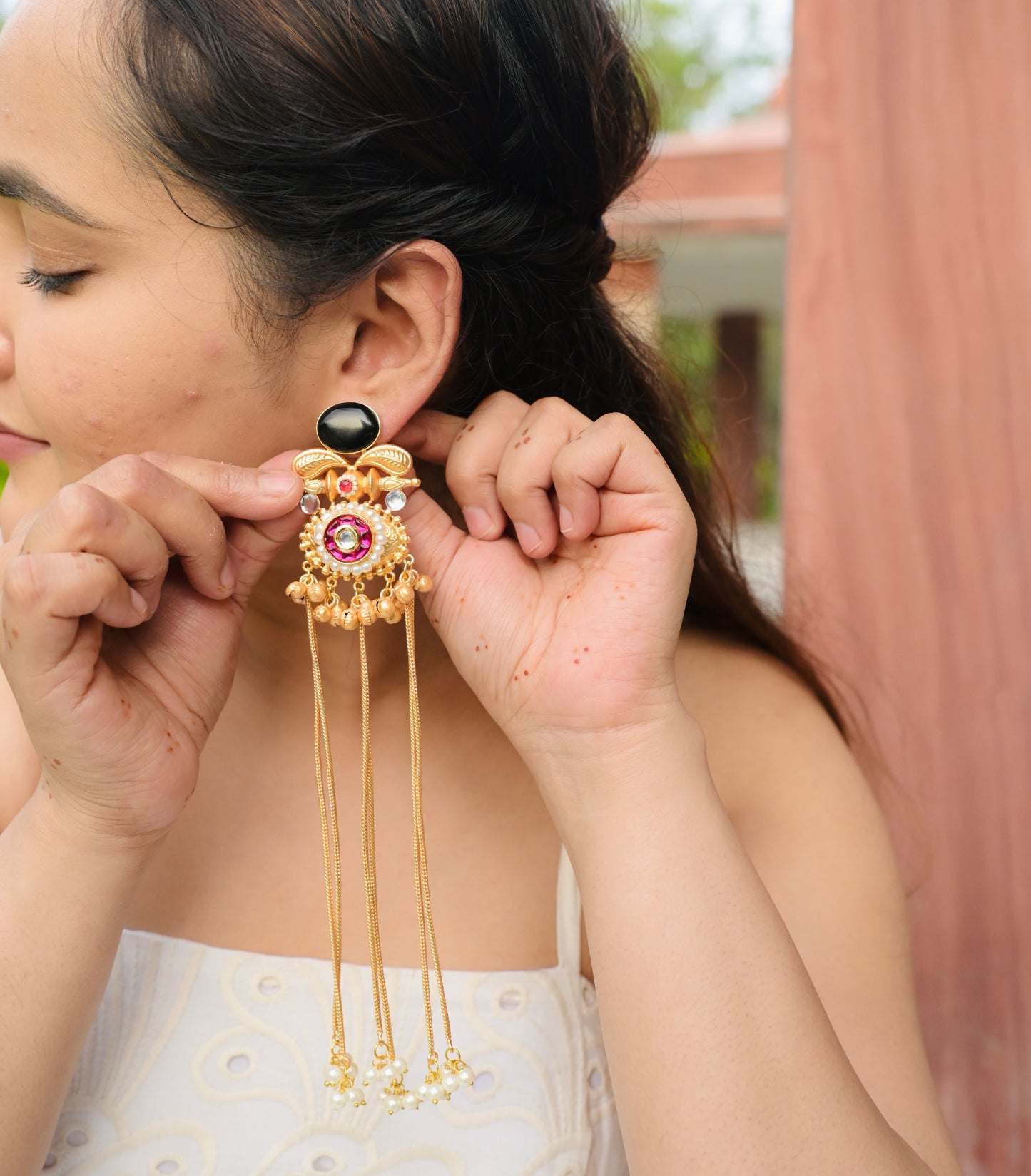 Monalisa Stone Golden Ghungru tassel Jhumka Earring
