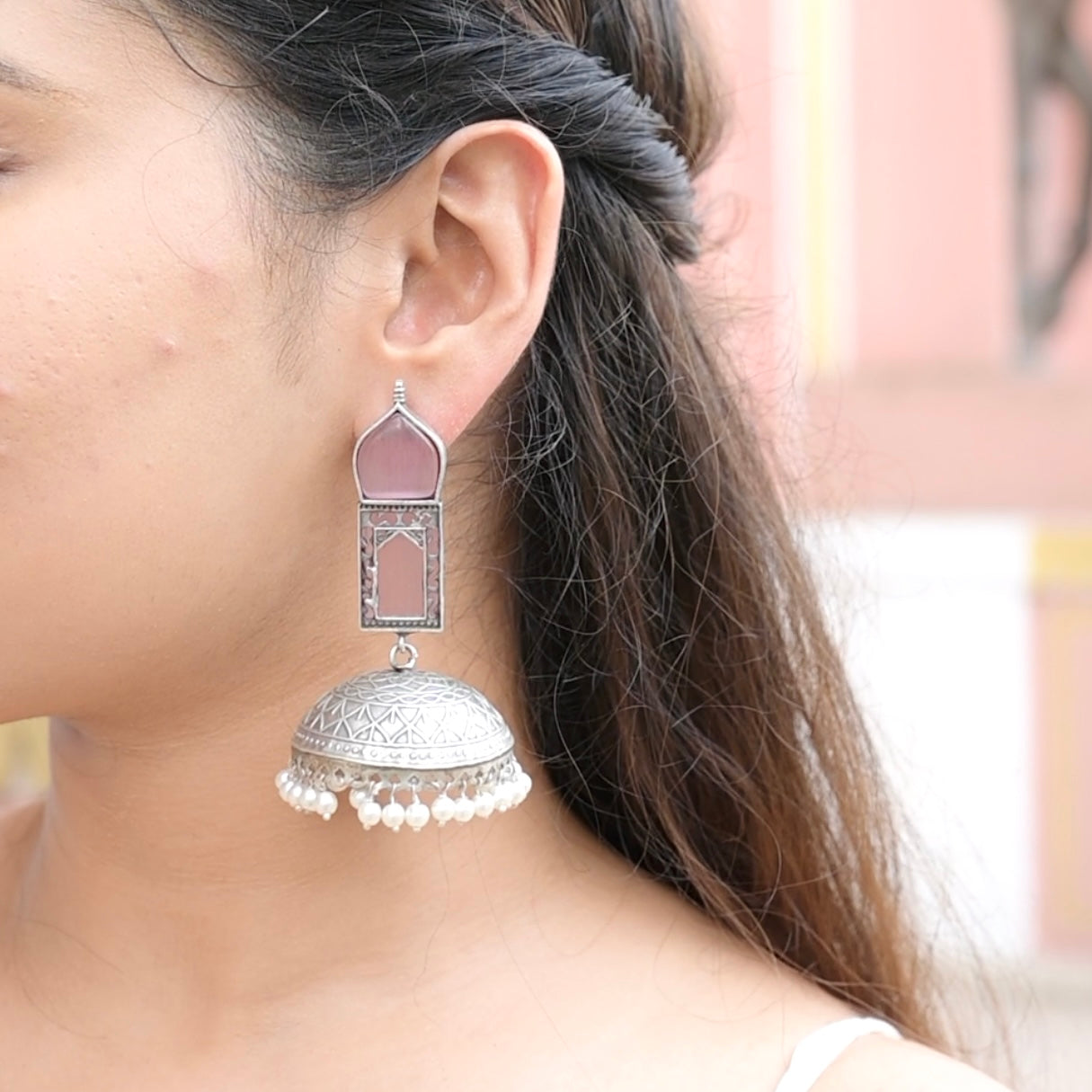 TAJ MAHAL | Monalisa Stone silver Jhumka with white pears n