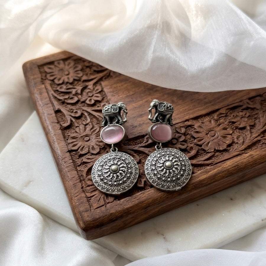 Elephant Silver Stud Earrings with color stones