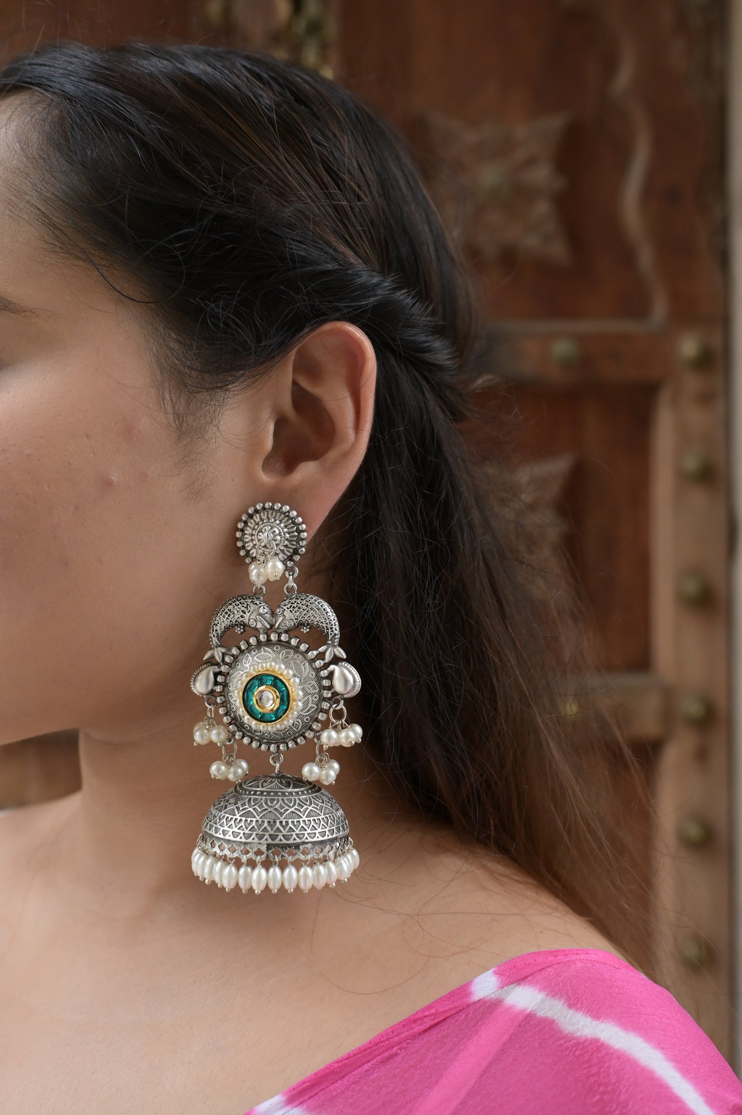 NOOR | silver with white pearl Long Jhumka