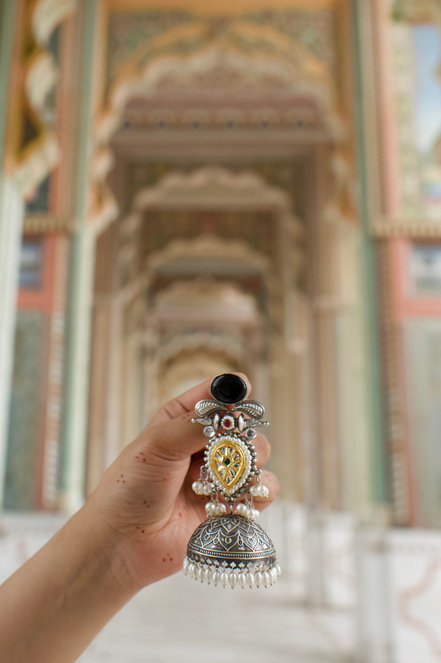 PATRIKA | Monalisa Stone silver Jhumka with white pears