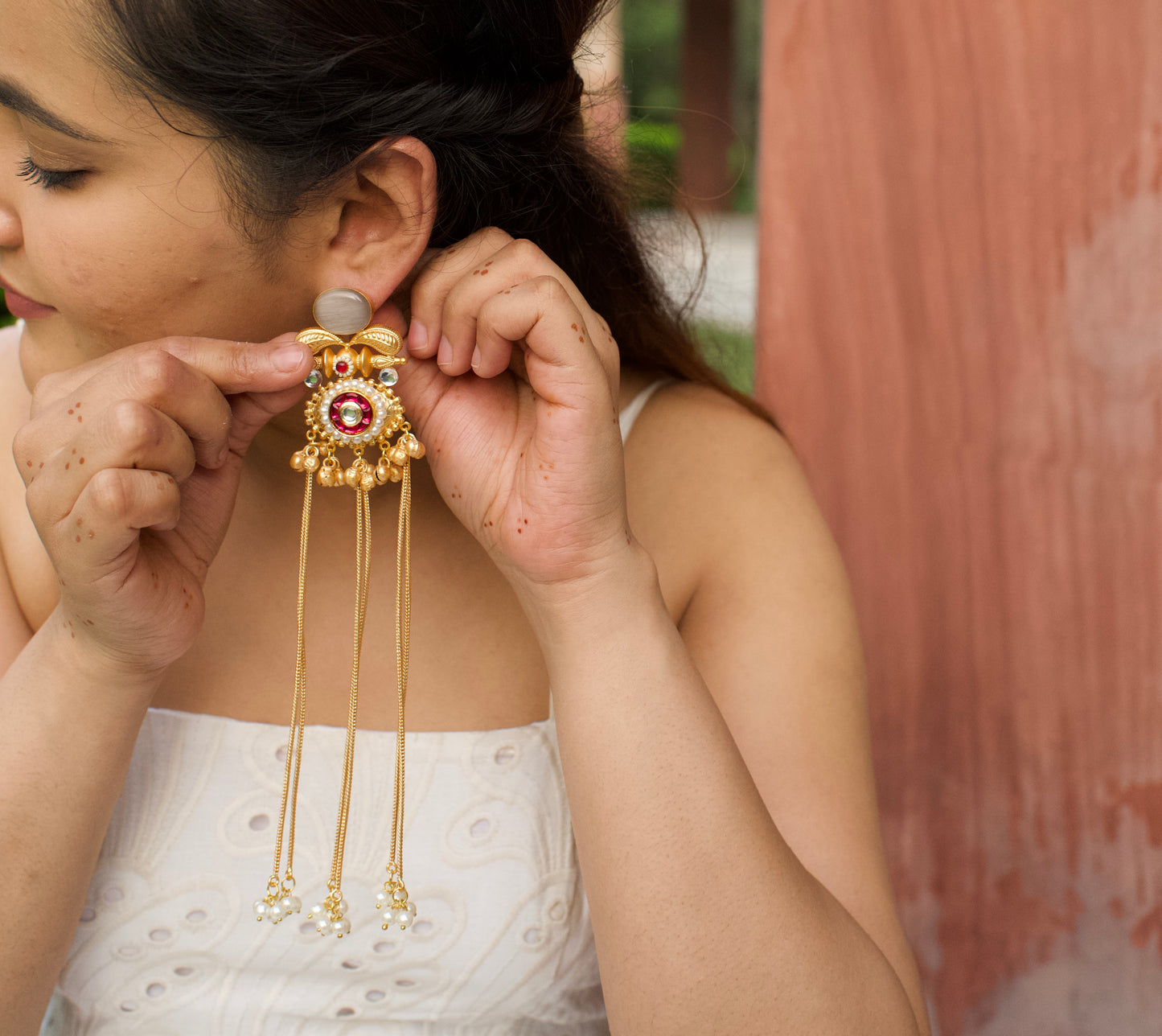 Monalisa Stone Golden Ghungru tassel Jhumka Earring