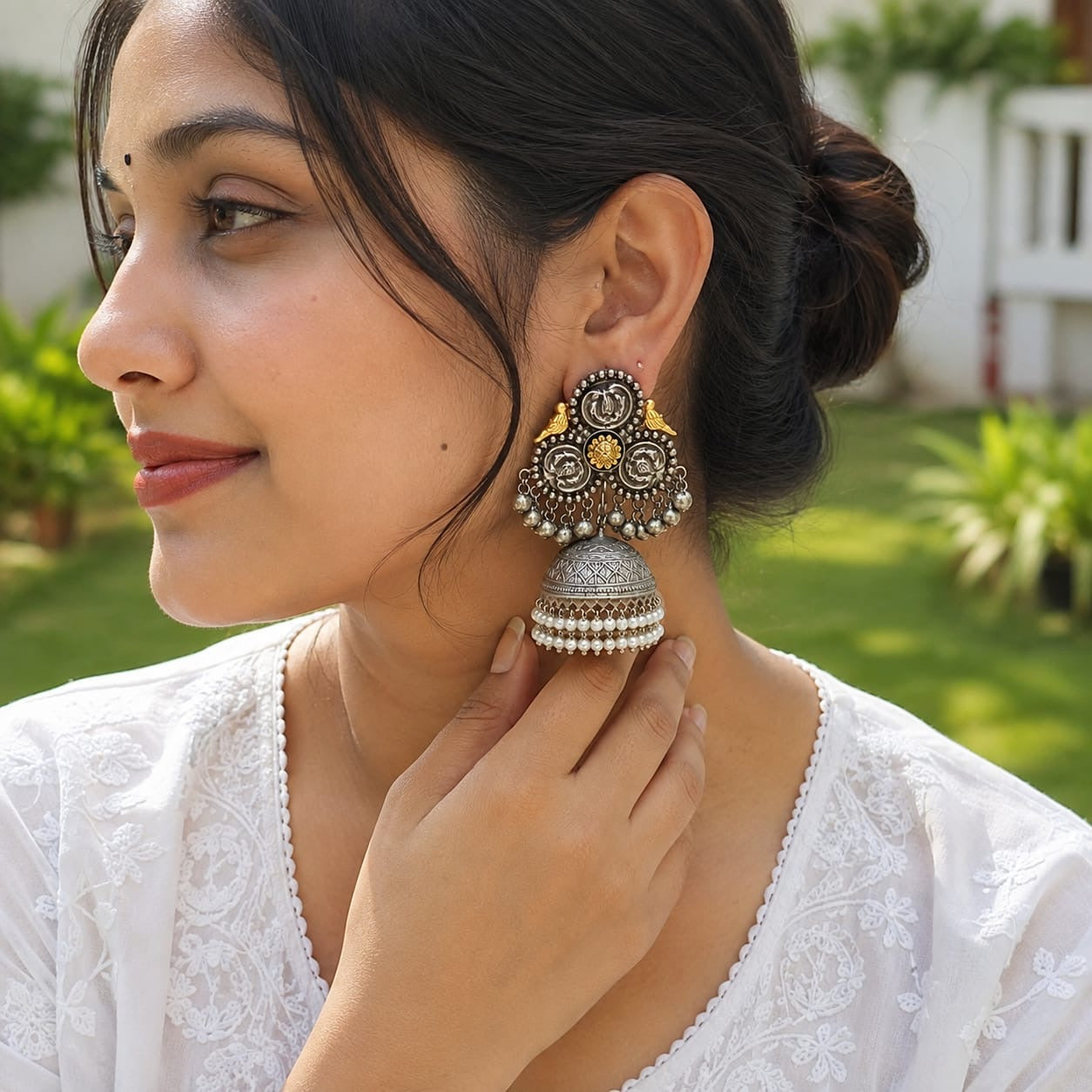 NOOR | silver with white pearl Jhumka