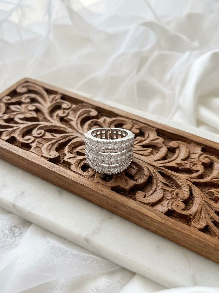 Rhodium Plated Zirconia Studded American diamond adjustable Ring| Hand Jewelry oxidised German silver Rings saree kurta Bloom - By Sushmita India Navratri Diwali Ganpati holi Eid