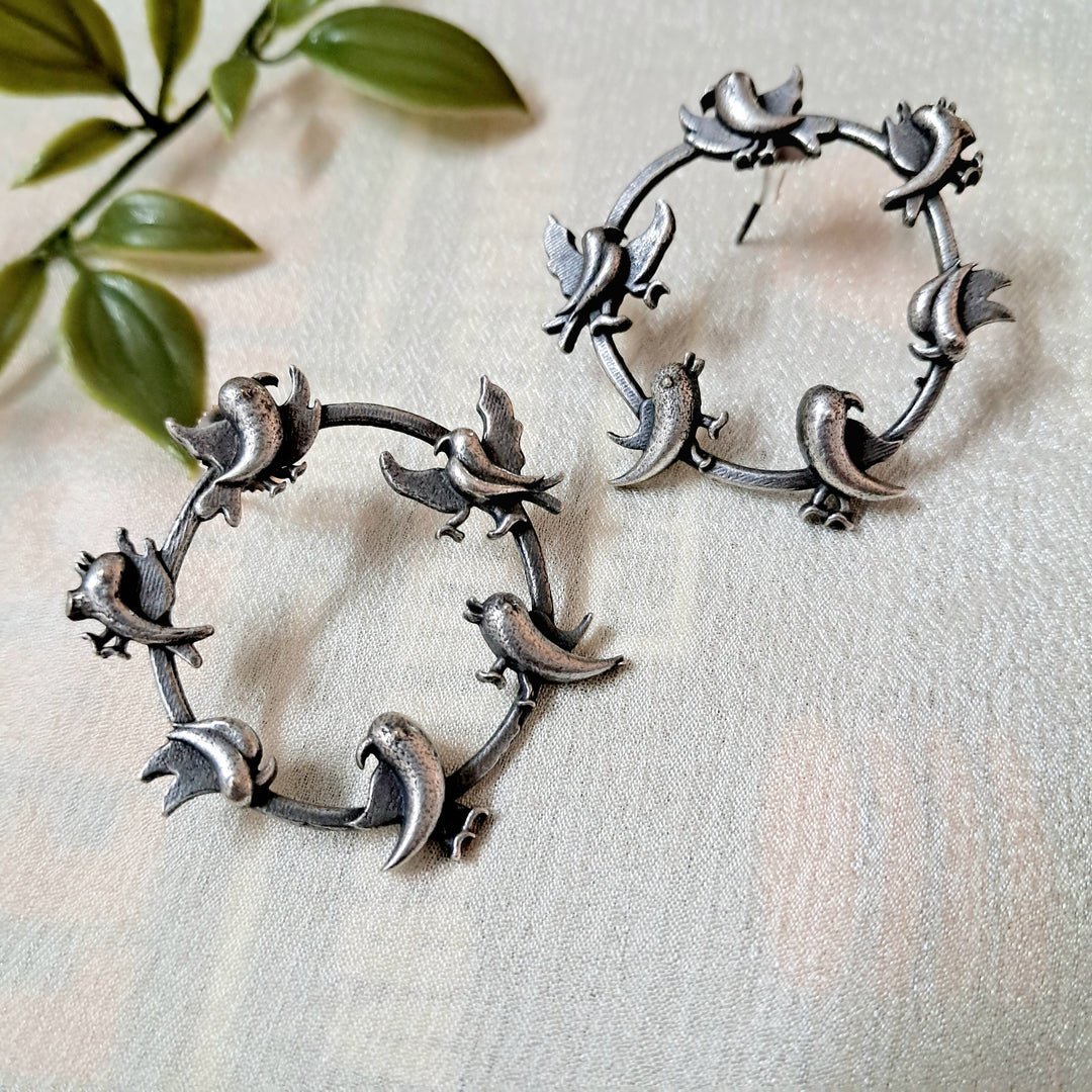 Silver Dancing bird Hoop with Studs Earrings - Bloom - By Sushmita