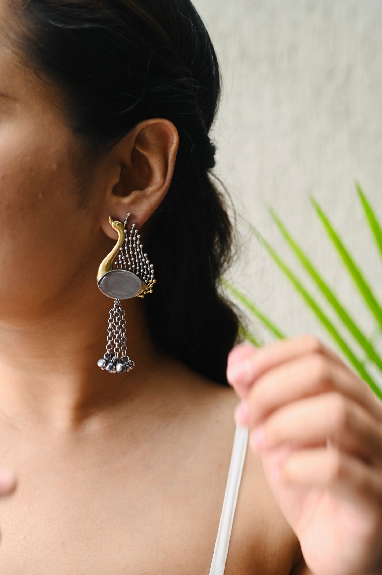 Dual tone peacock Monalisa Stone Earrings with tassel Ghungru