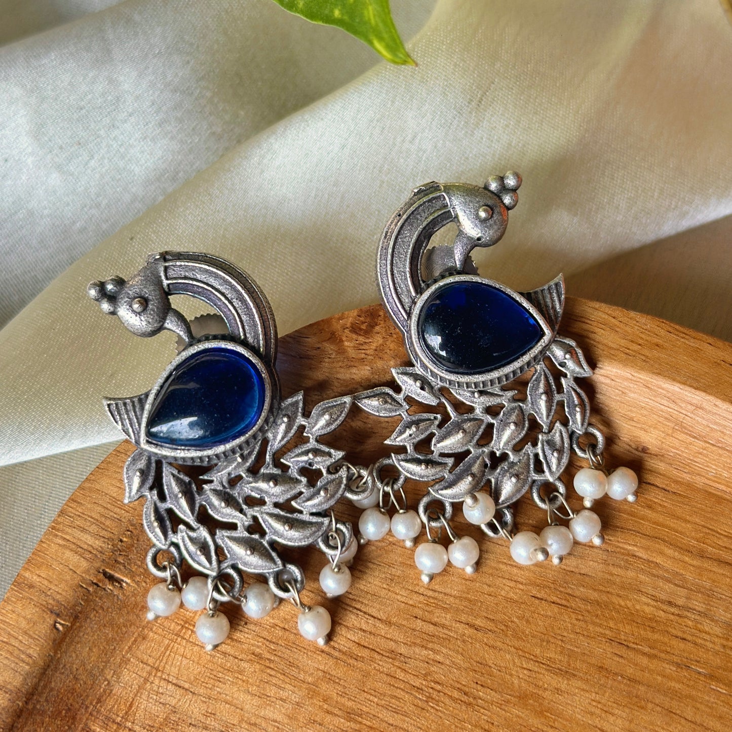 Peacock Monalisa Stone Silver Earrings - Bloom - By Sushmita