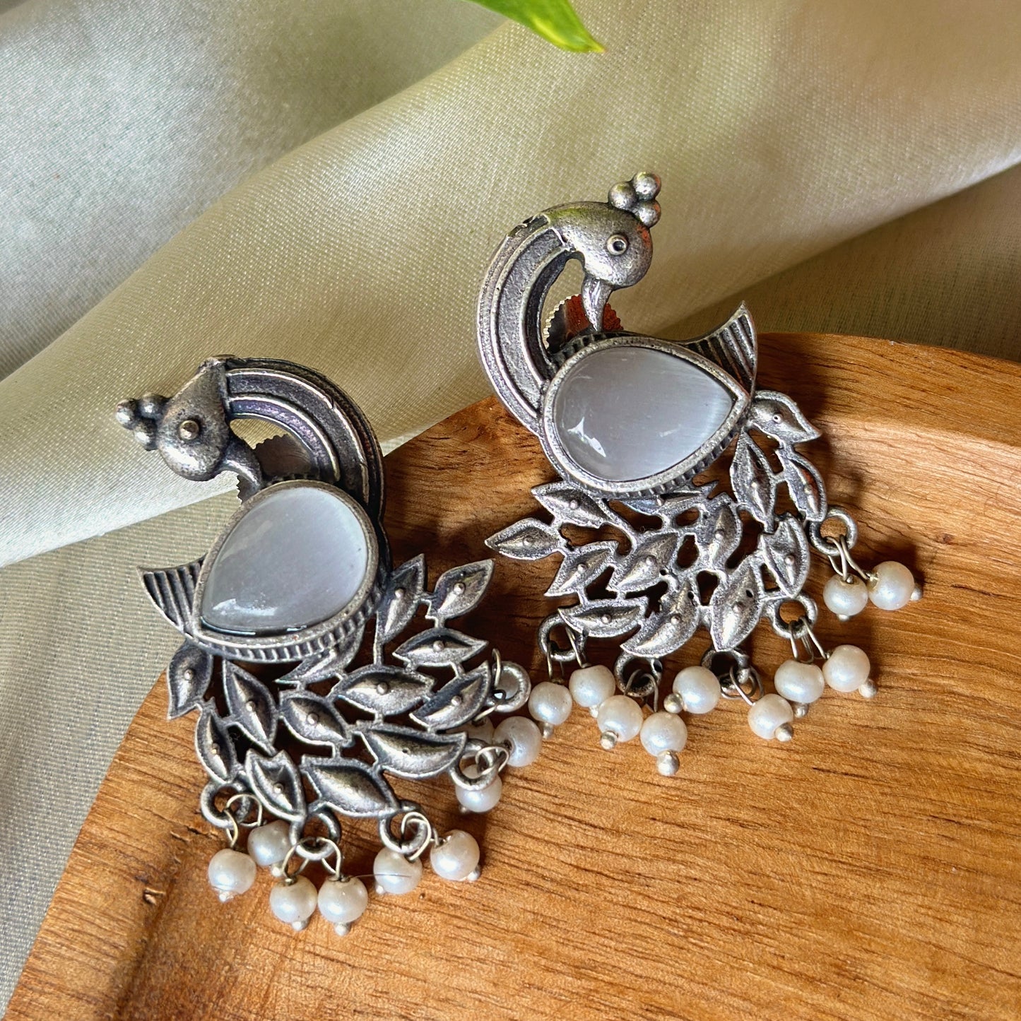 Peacock Monalisa Stone Silver Earrings - Bloom - By Sushmita