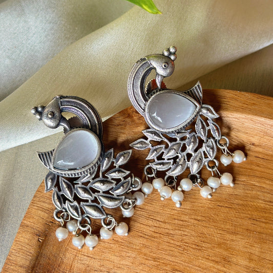 Peacock Monalisa Stone Silver Earrings - Bloom - By Sushmita