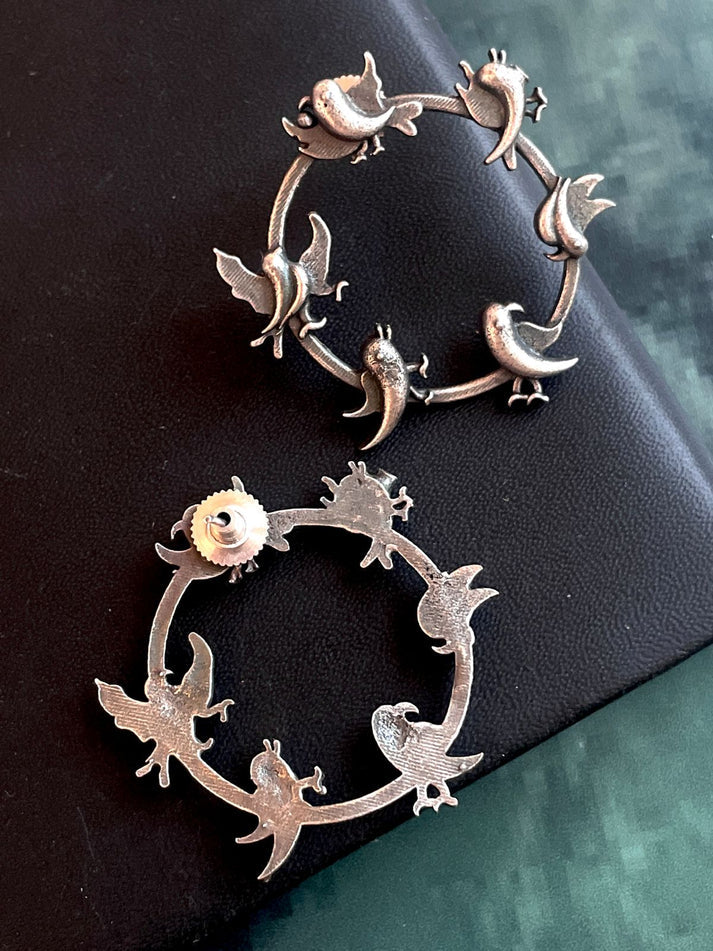 Silver Dancing bird Hoop with Studs Earrings - Bloom - By Sushmita