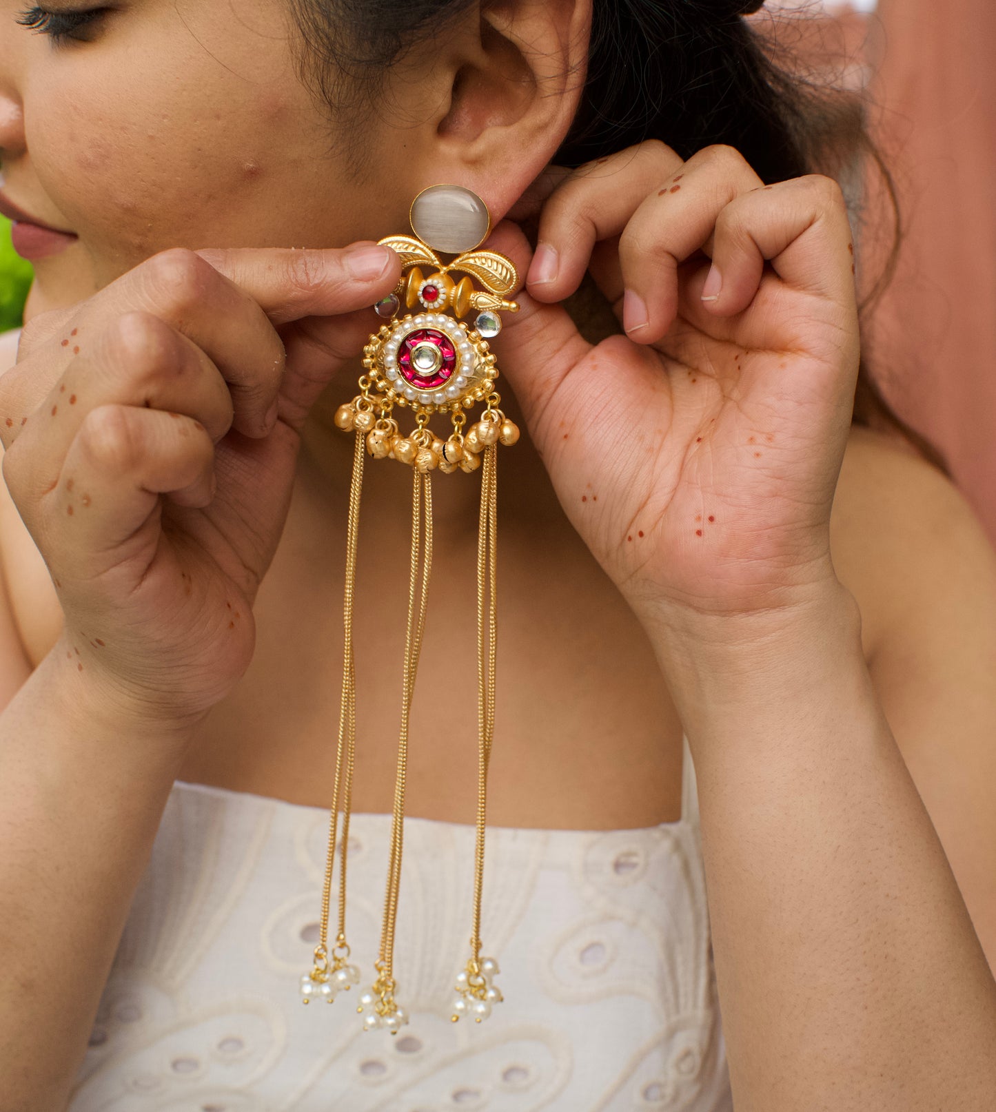 Monalisa Stone Golden Ghungru tassel Jhumka Earring