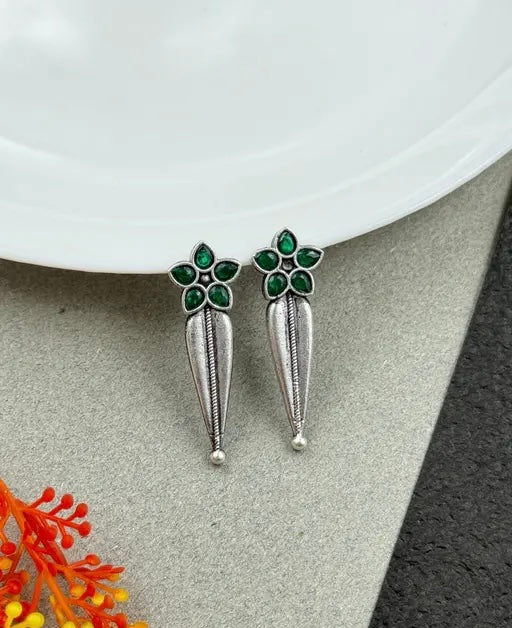 Green Stone flower Earrings oxidised German silver Earrings saree kurta Bloom - By Sushmita India Navratri Diwali Ganpati holi Eid
