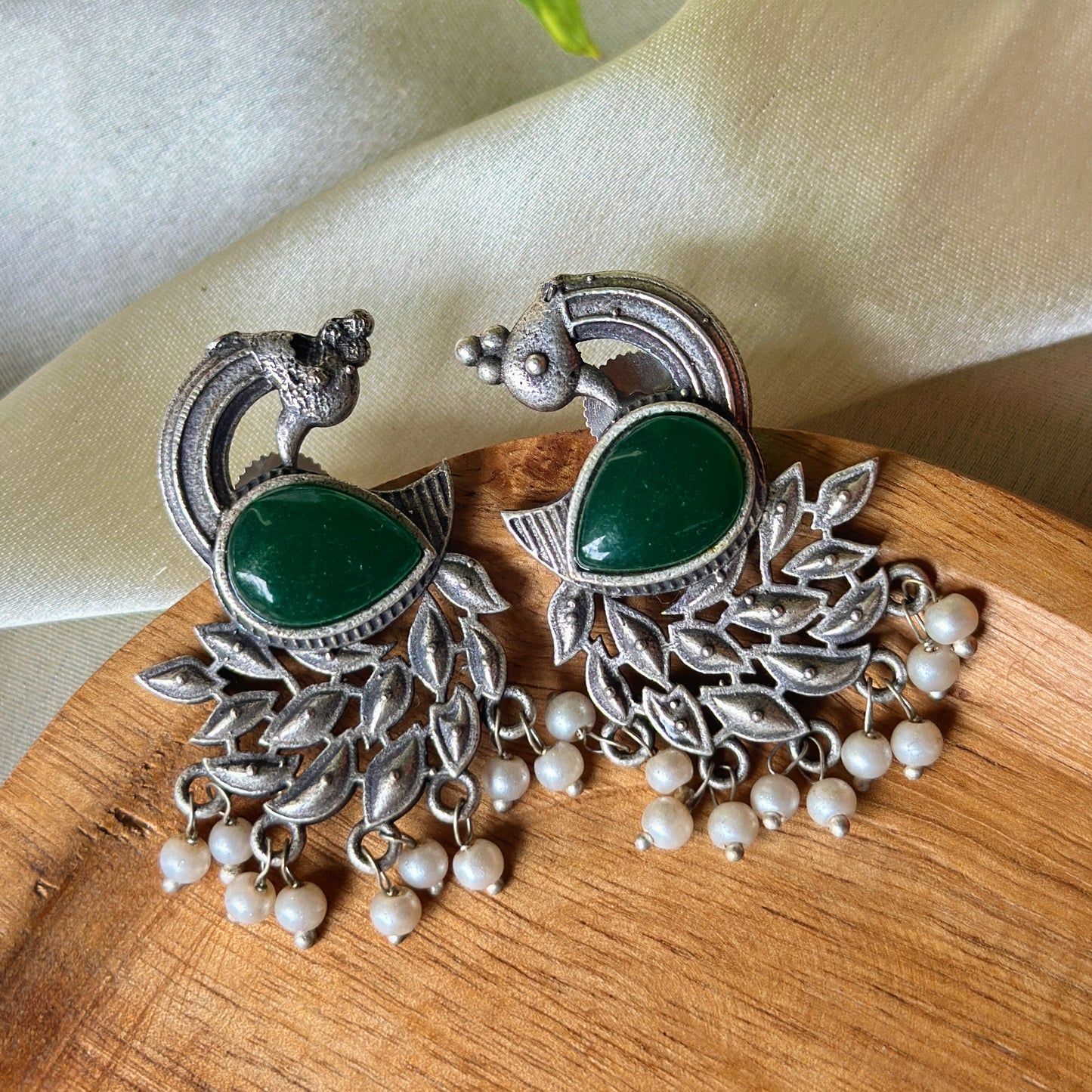 Peacock Monalisa Stone Silver Earrings - Bloom - By Sushmita