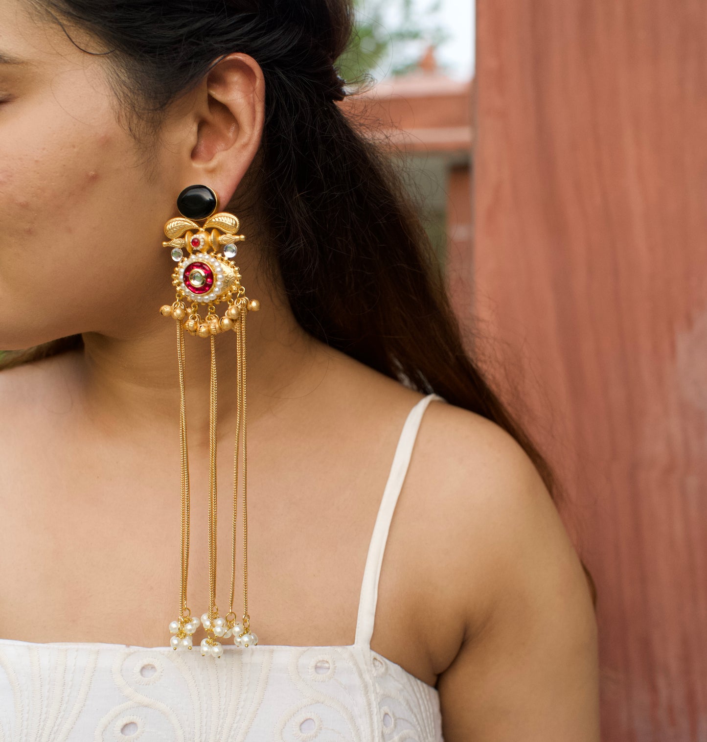 Monalisa Stone Golden Ghungru tassel Jhumka Earring