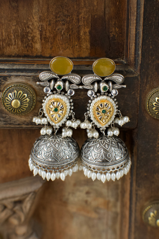 PATRIKA | Monalisa Stone silver Jhumka with white pears