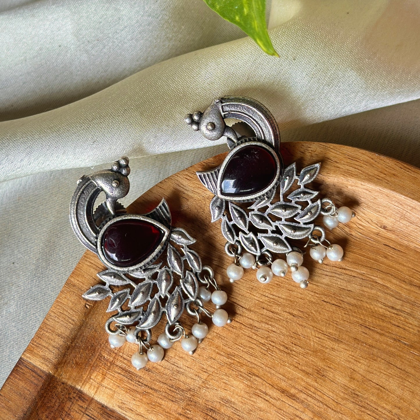Peacock Monalisa Stone Silver Earrings - Bloom - By Sushmita