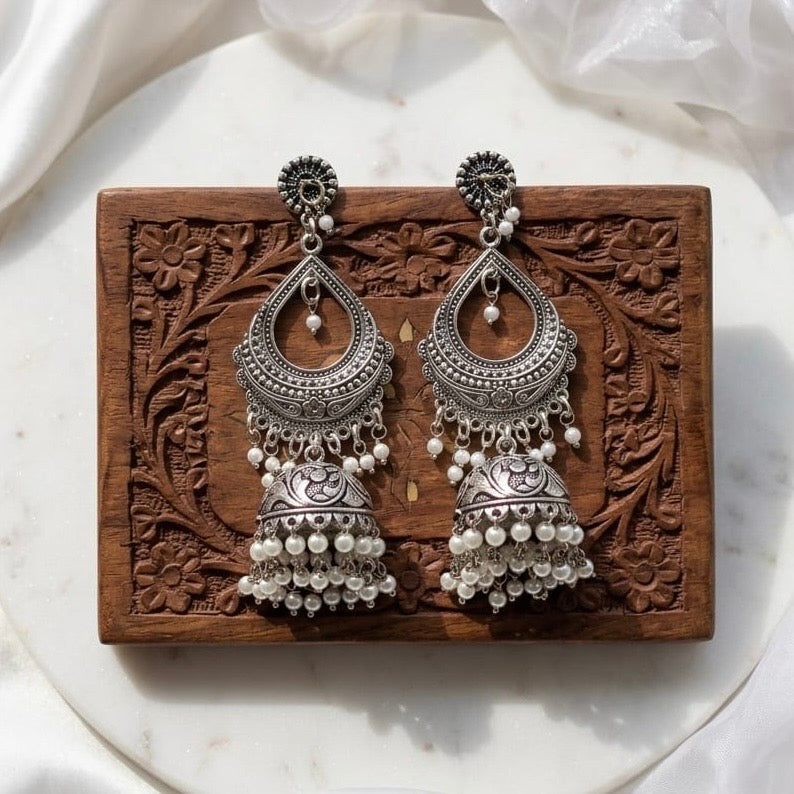AIRA - Statement Earrings | White pearl Jhumka
