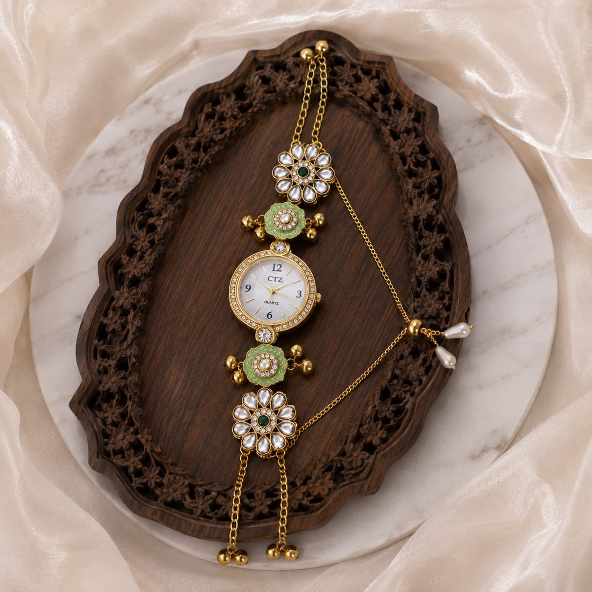 Kundan designed Watch | hand Jewelry oxidised German silver saree kurta Bloom - By Sushmita India Navratri Diwali Ganpati holi Eid