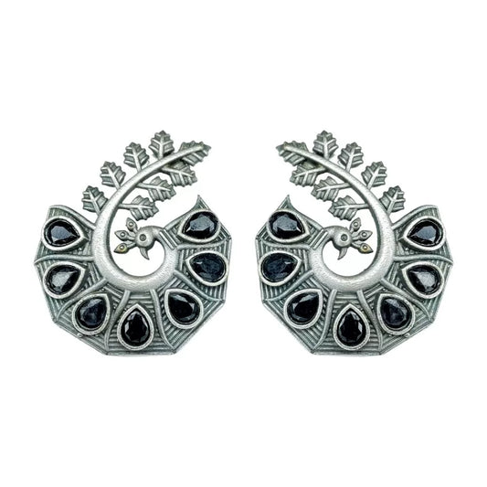 Peacock black Stone Silver Stud Earrings - Bloom - By Sushmita