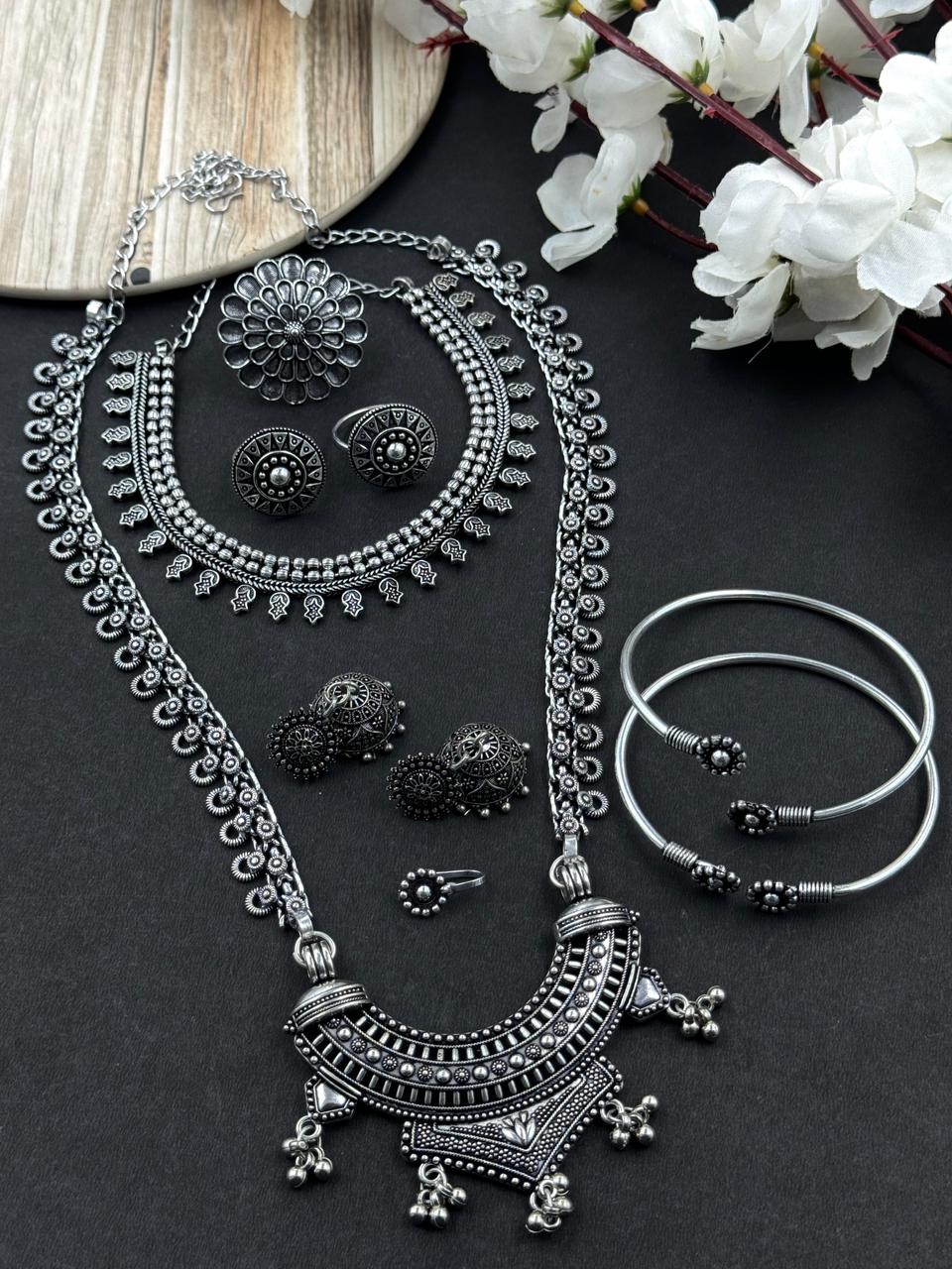 8 Piece Silver Necklace Combo Set oxidised German silver Jewelry Sets saree kurta Bloom - By Sushmita India Navratri Diwali Ganpati holi Eid