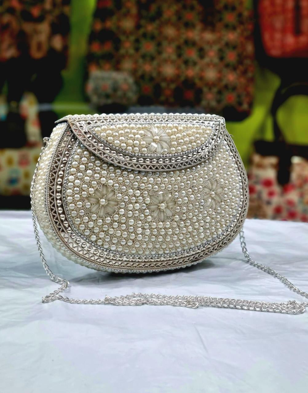 White Silver Pearl Clutch Bag White Pearl Moti Studded Silver