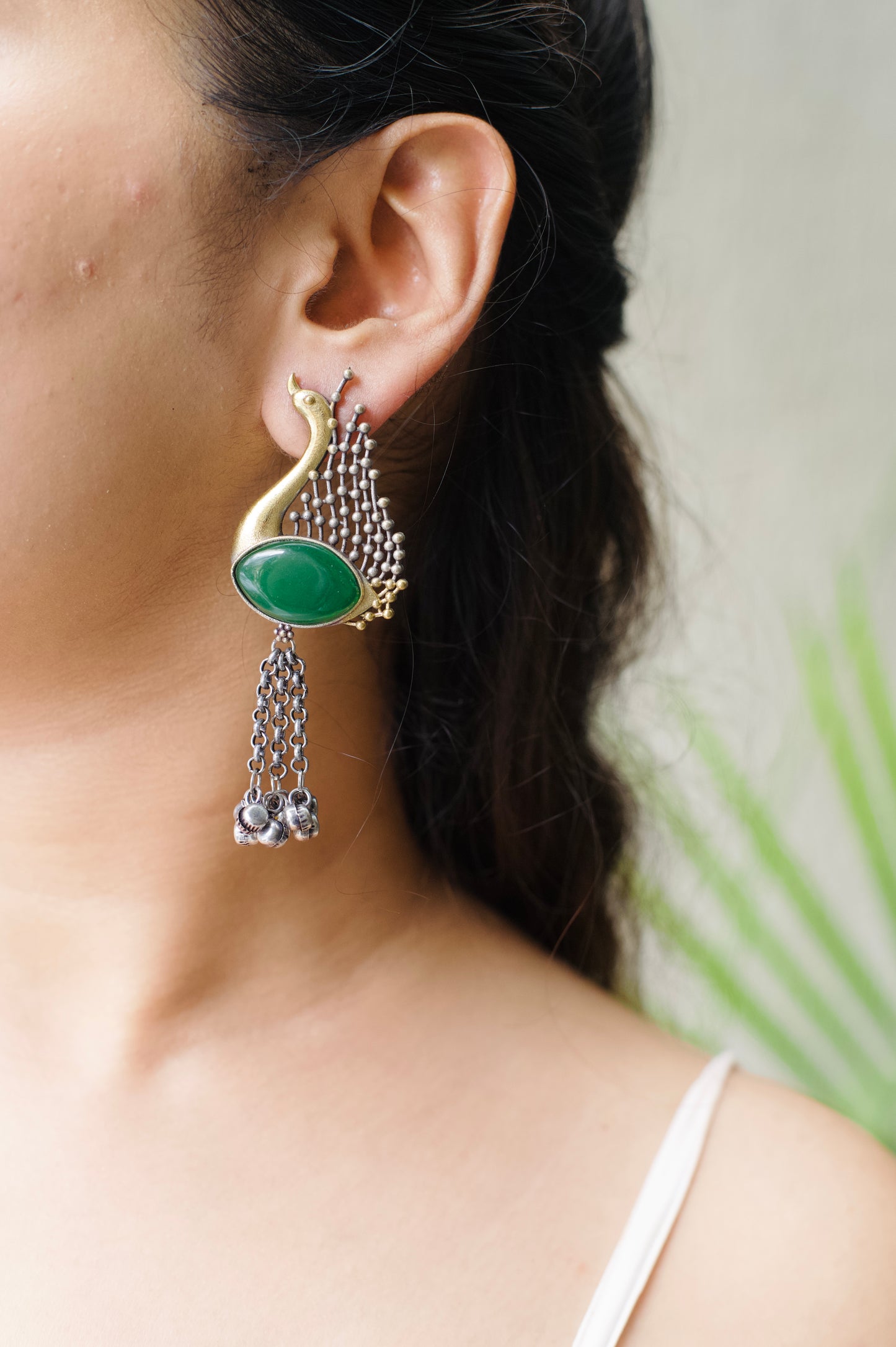 Dual tone peacock Monalisa Stone Earrings with tassel Ghungru