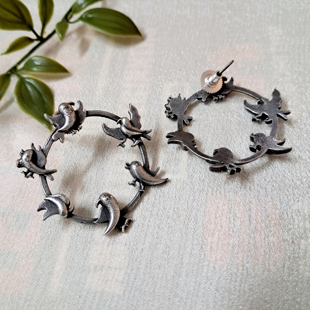 Silver Dancing bird Hoop with Studs Earrings - Bloom - By Sushmita