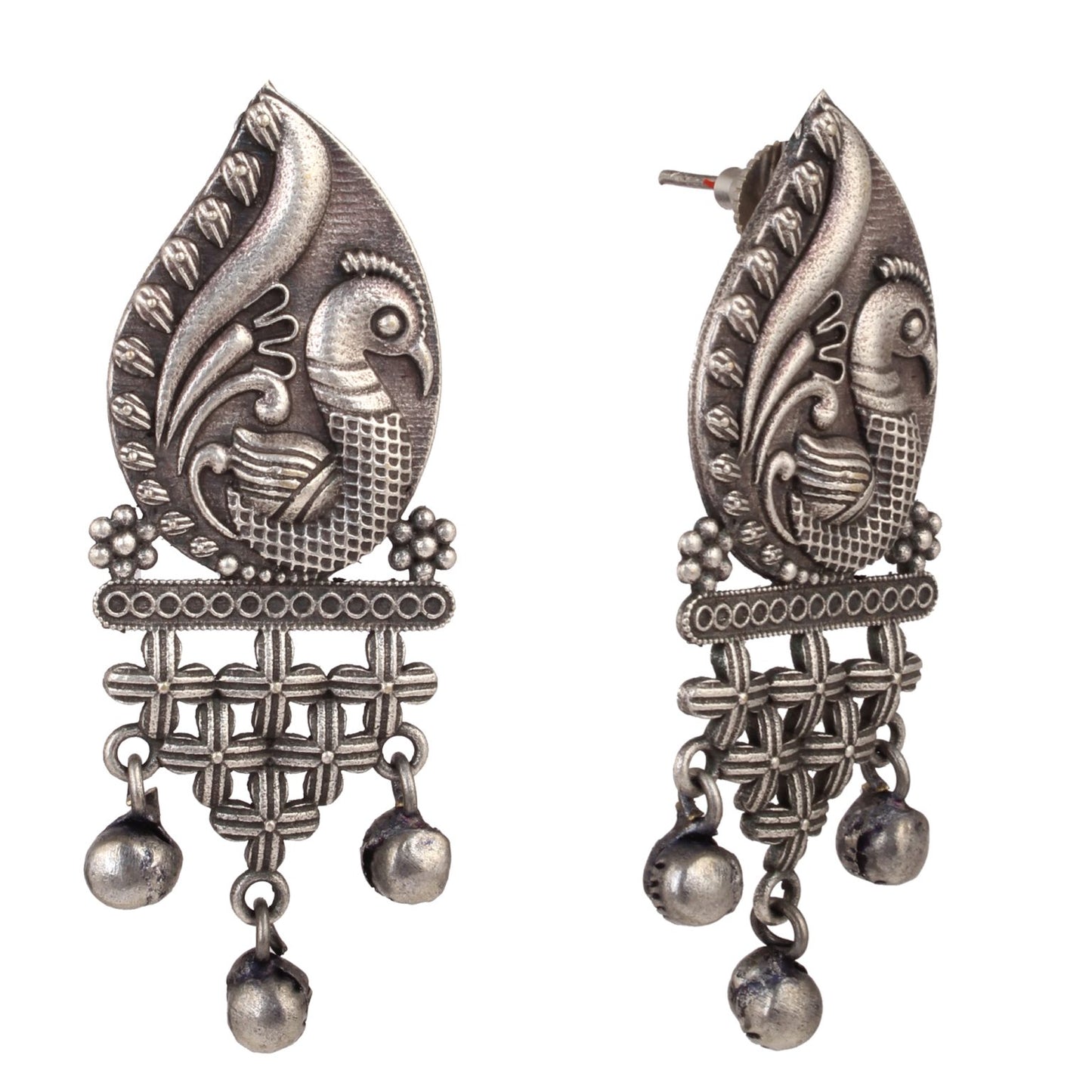 Sarita Silver Peacock Earrings With Ghungru - Bloom - By Sushmita