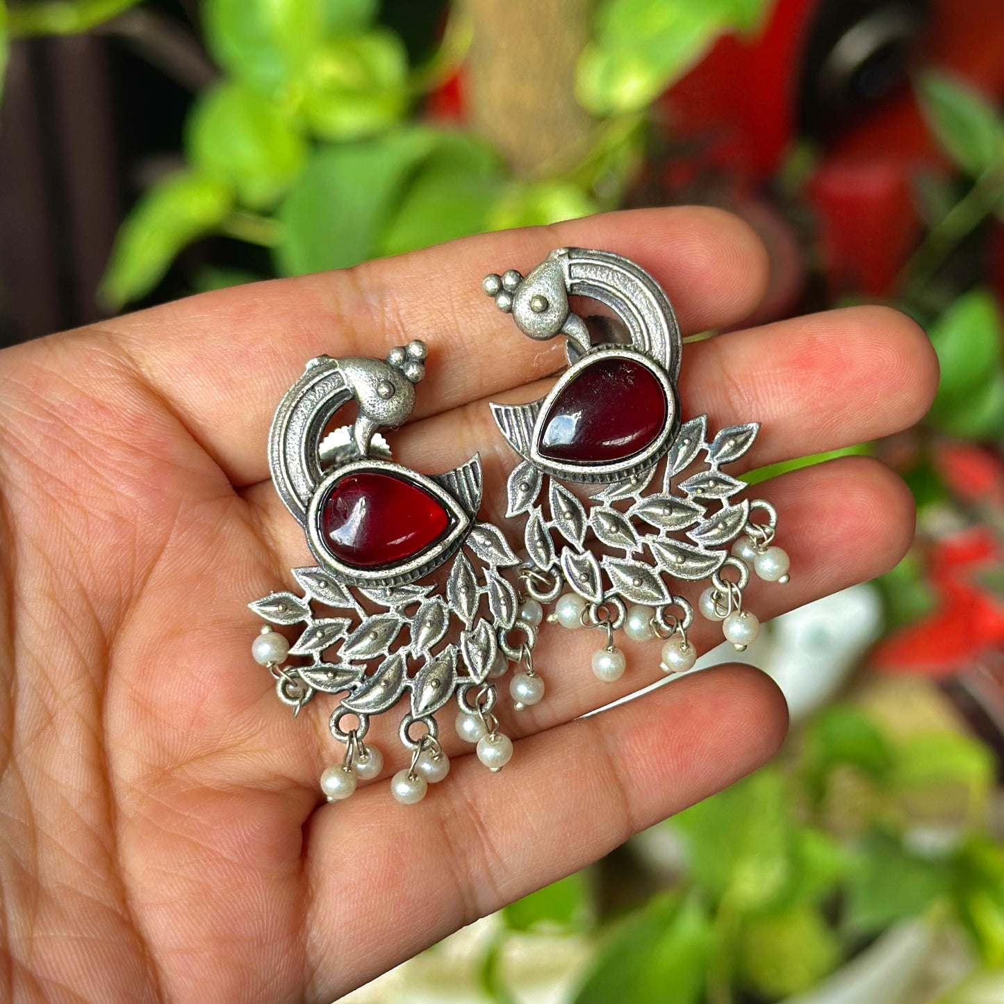 Peacock Monalisa Stone Silver Earrings - Bloom - By Sushmita