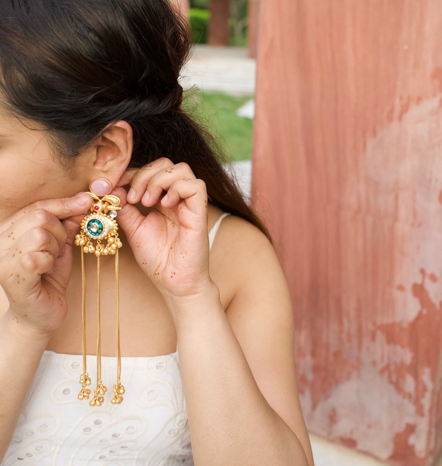 Monalisa Stone Golden Ghungru tassel Jhumka Earring