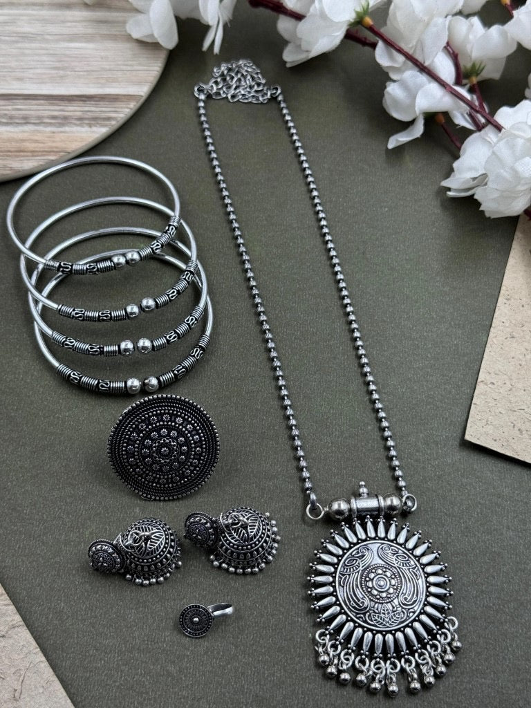 Vyaan 5-PIECE GIFT SET oxidised German silver Jewelry Sets saree kurta Bloom - By Sushmita India Navratri Diwali Ganpati holi Eid
