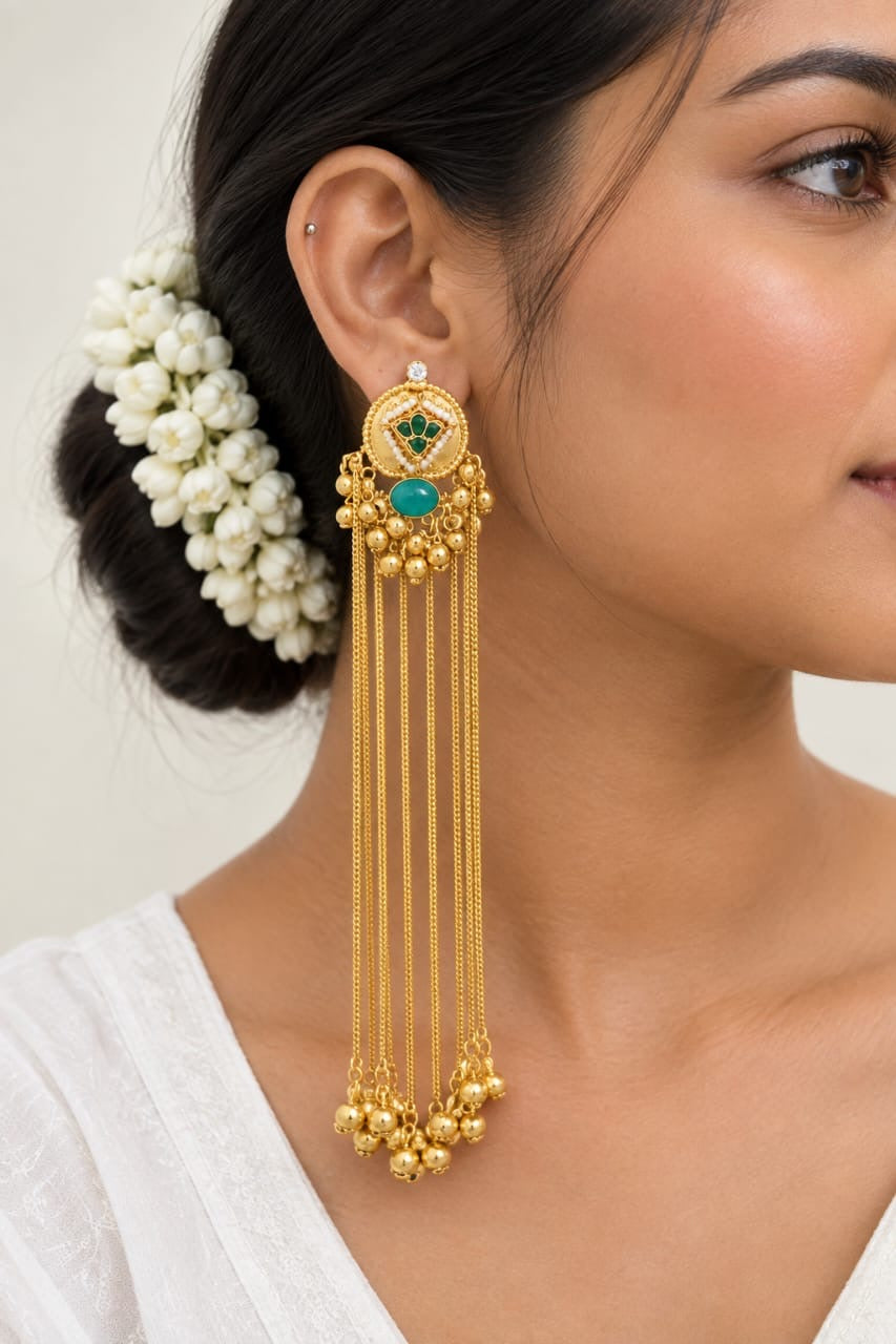 Kashmiri Jhumka with tassels | Golden tassel Jhumka Earrings