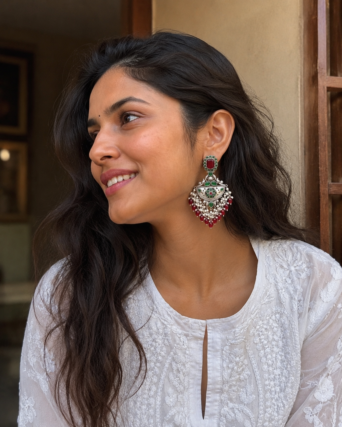 Alankara | Monalisa Stone silver Jhumka with white pears
