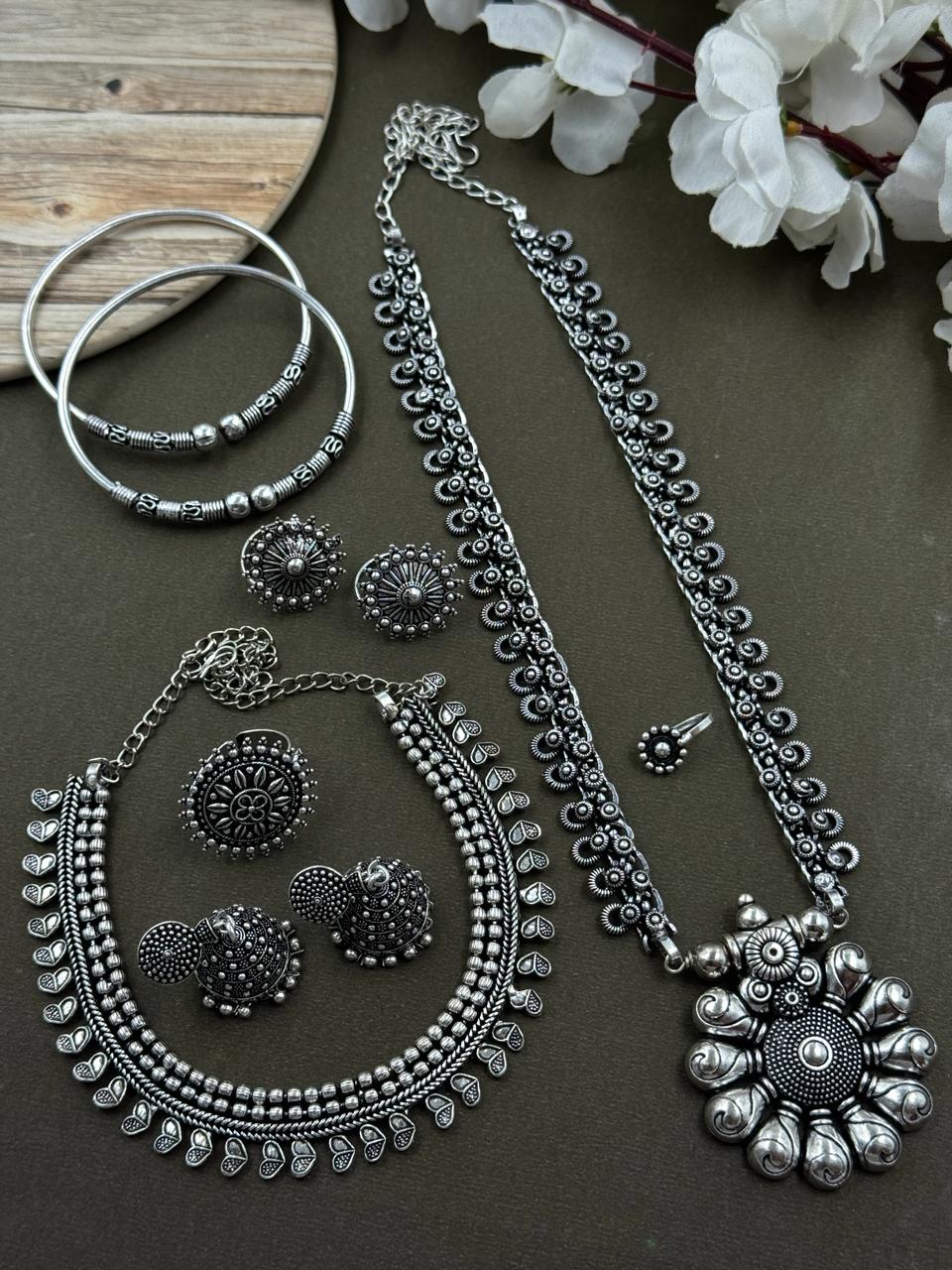 RICHA 7 - Piece Gift Combo Set oxidised German silver saree kurta Bloom - By Sushmita India Navratri Diwali Ganpati holi Eid