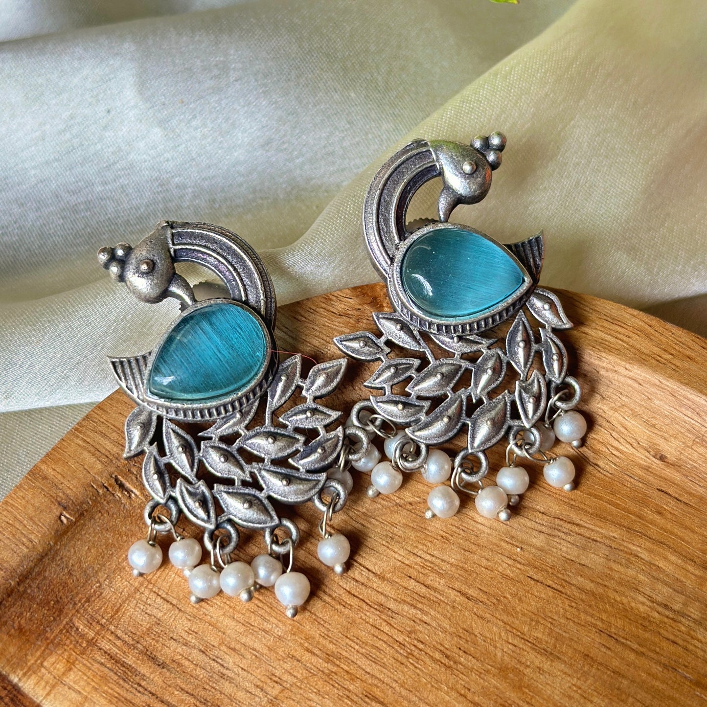 Peacock Monalisa Stone Silver Earrings - Bloom - By Sushmita