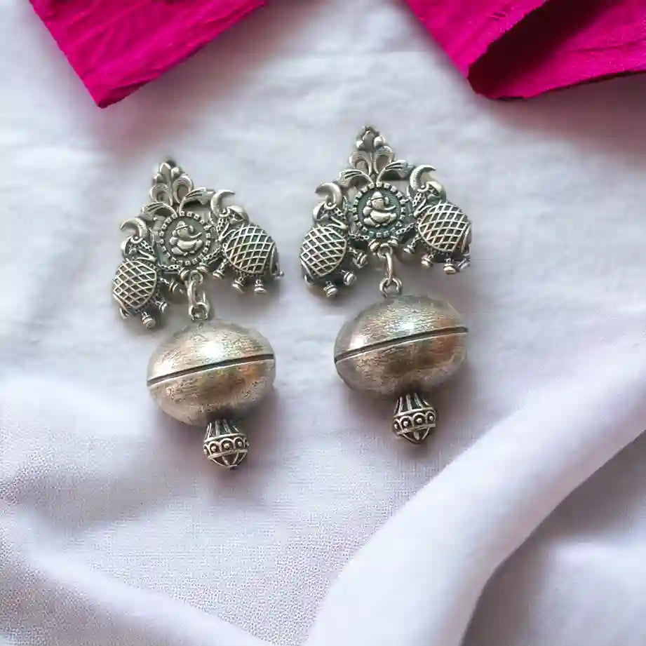 Ganesha with Elephant Earrings silver lookalike - Bloom - By Sushmita