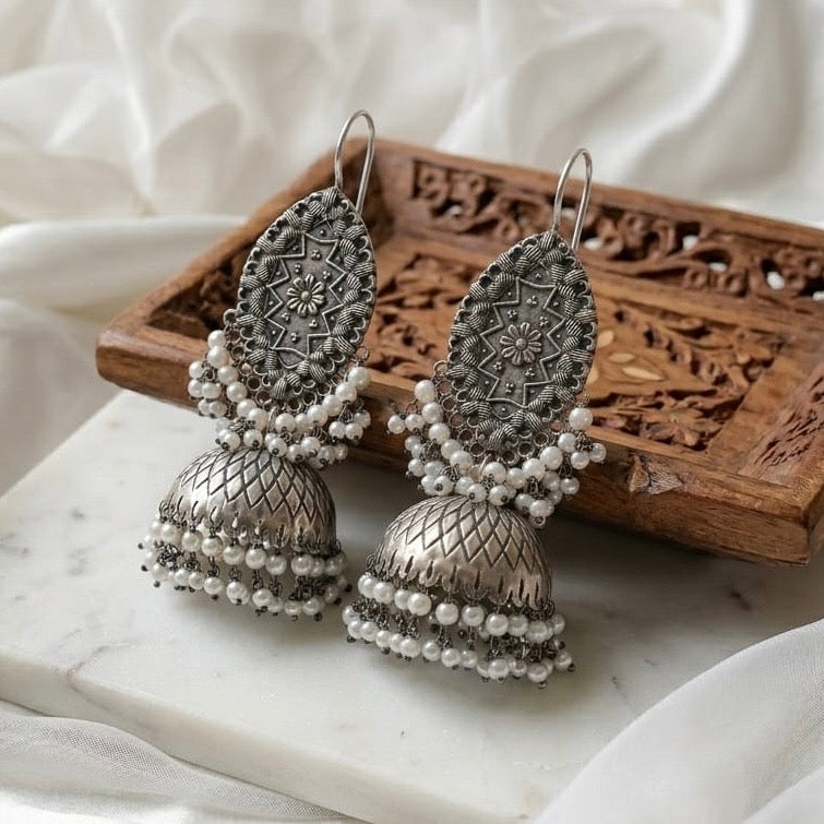 AIRA - Statement Earrings | White pearl Jhumka