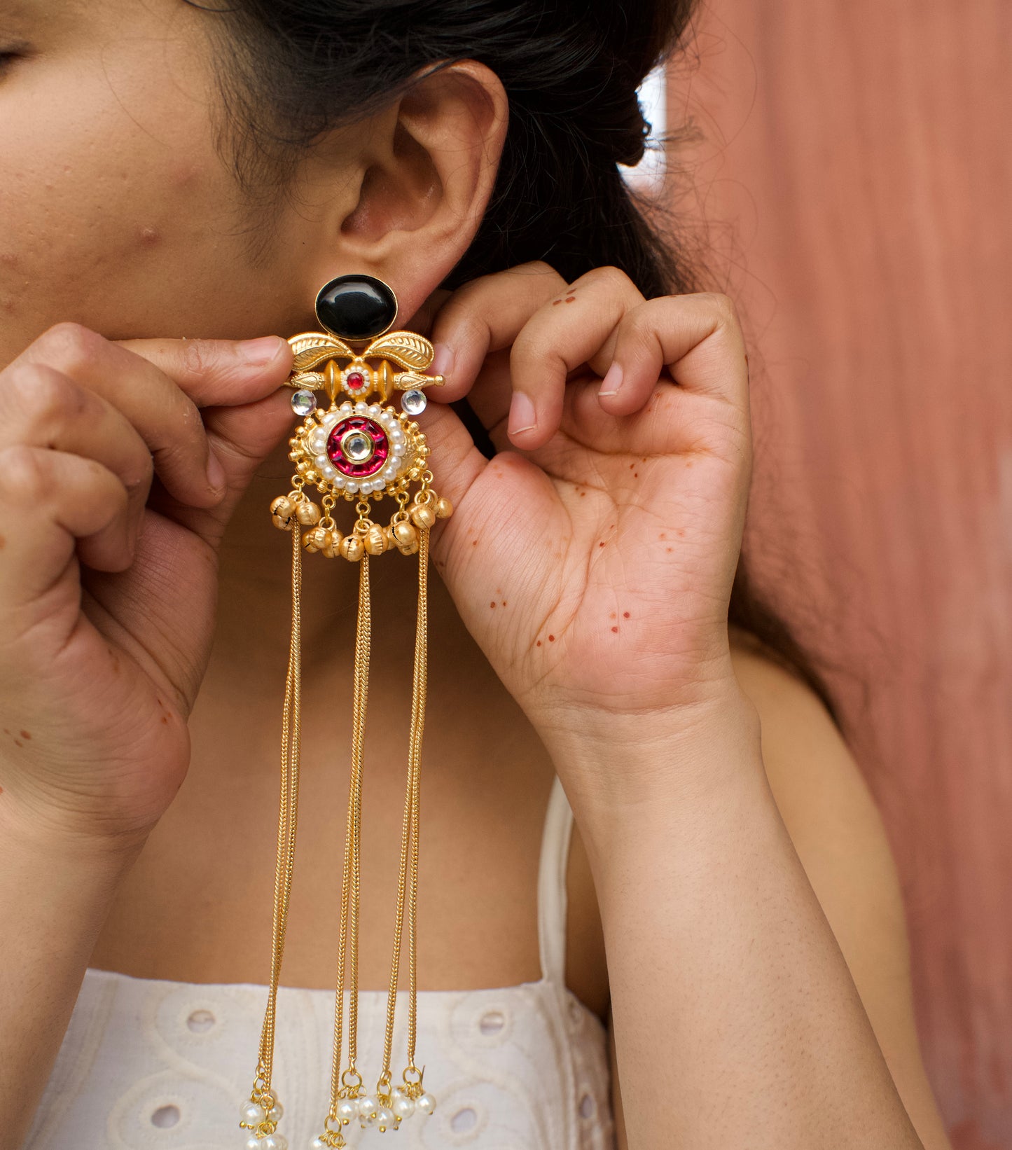 Monalisa Stone Golden Ghungru tassel Jhumka Earring