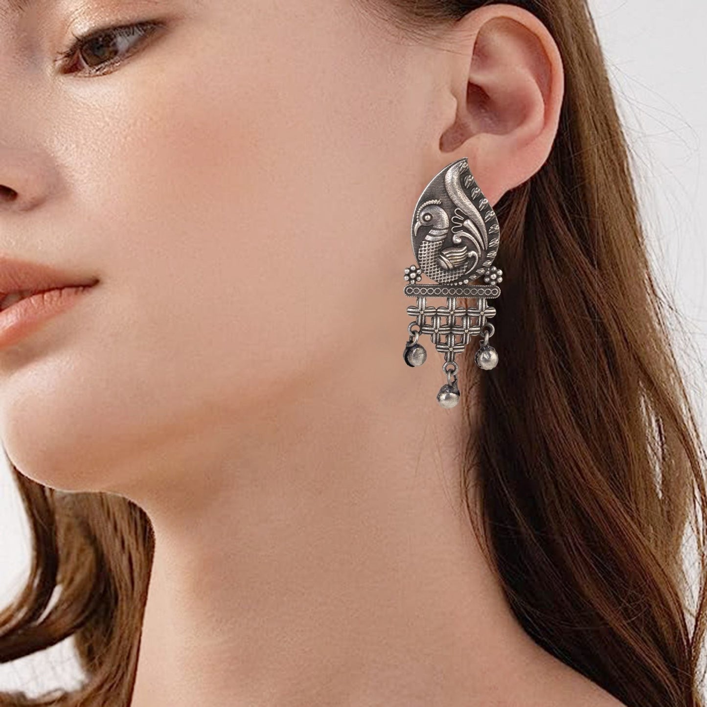 Sarita Silver Peacock Earrings With Ghungru - Bloom - By Sushmita
