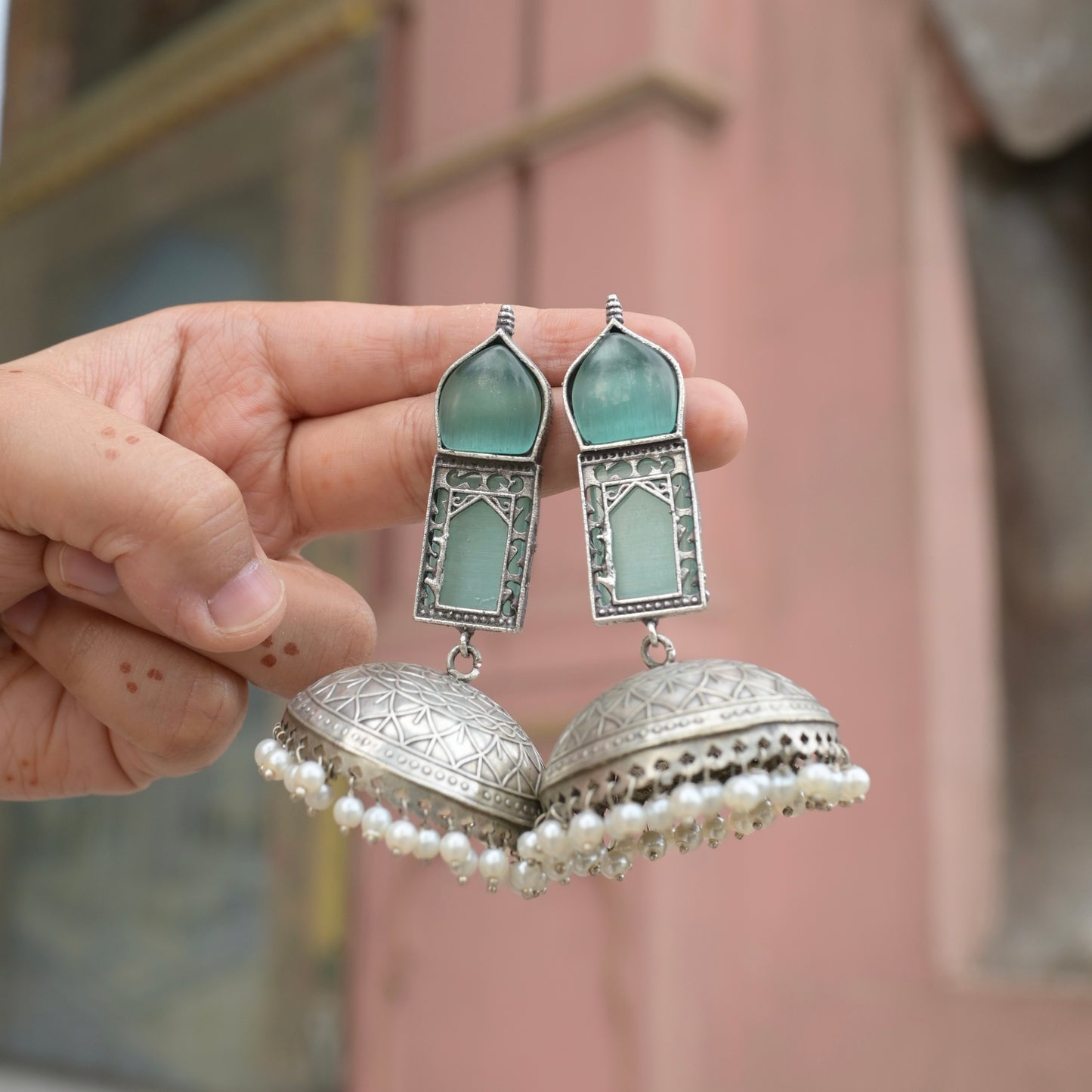 TAJ MAHAL | Monalisa Stone silver Jhumka with white pears n