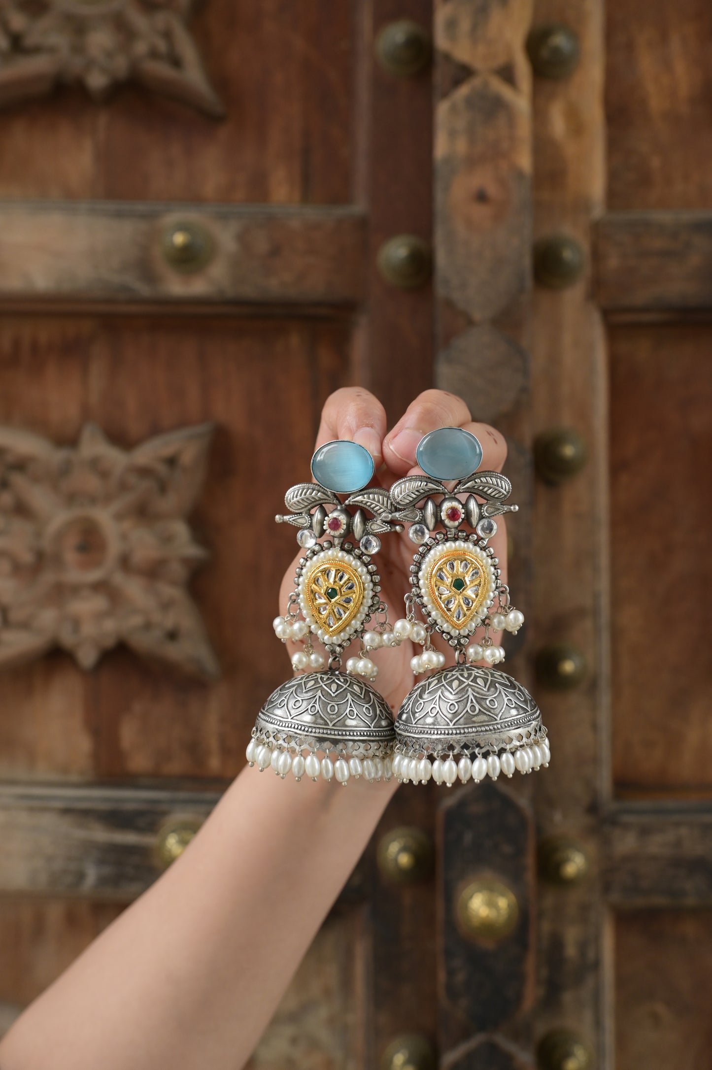 PATRIKA | Monalisa Stone silver Jhumka with white pears