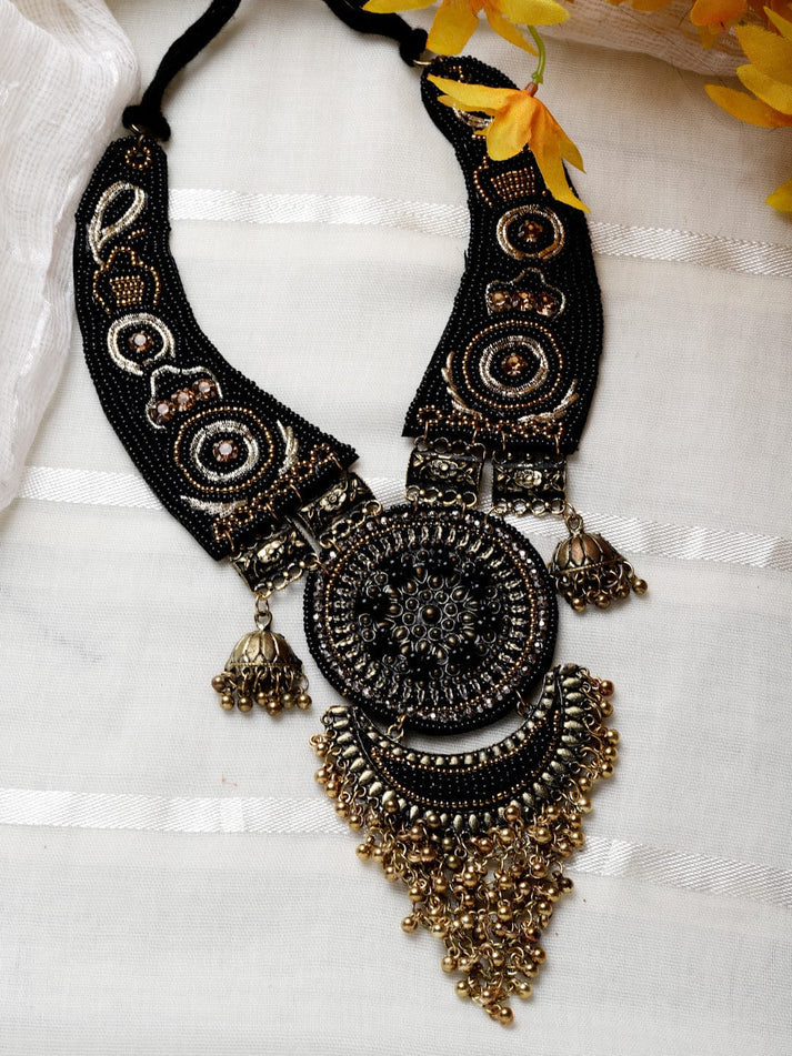 Oxidised Afghan Tasseled Filigree Work Necklace - Bloom - By Sushmita
