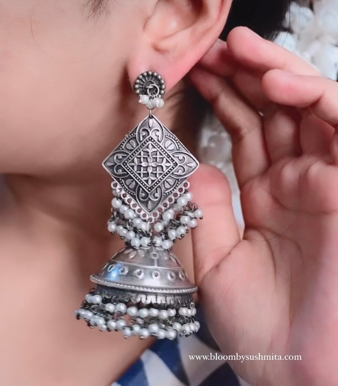 AIRA - Statement Earrings | White pearl Jhumka - Bloom - By Sushmita