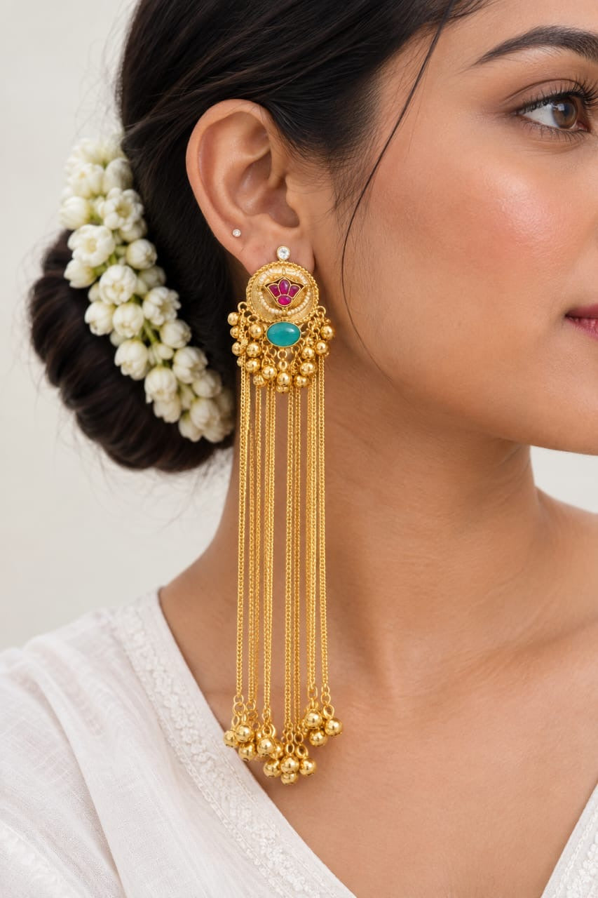 Kashmiri Jhumka with tassels | Golden tassel Jhumka Earrings