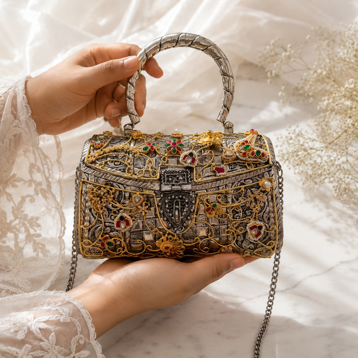 Multicolor Dual-Tone Jadau Kundan Embellished premium Bag by